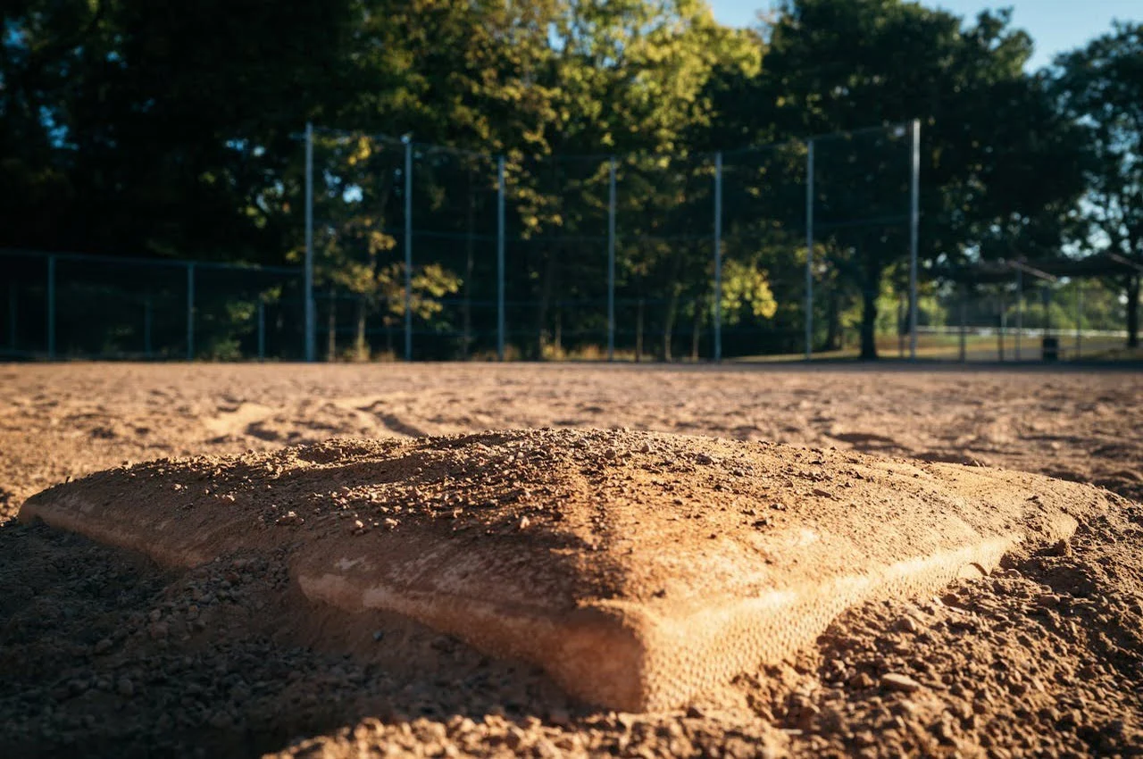 A baseball field with trees on the back