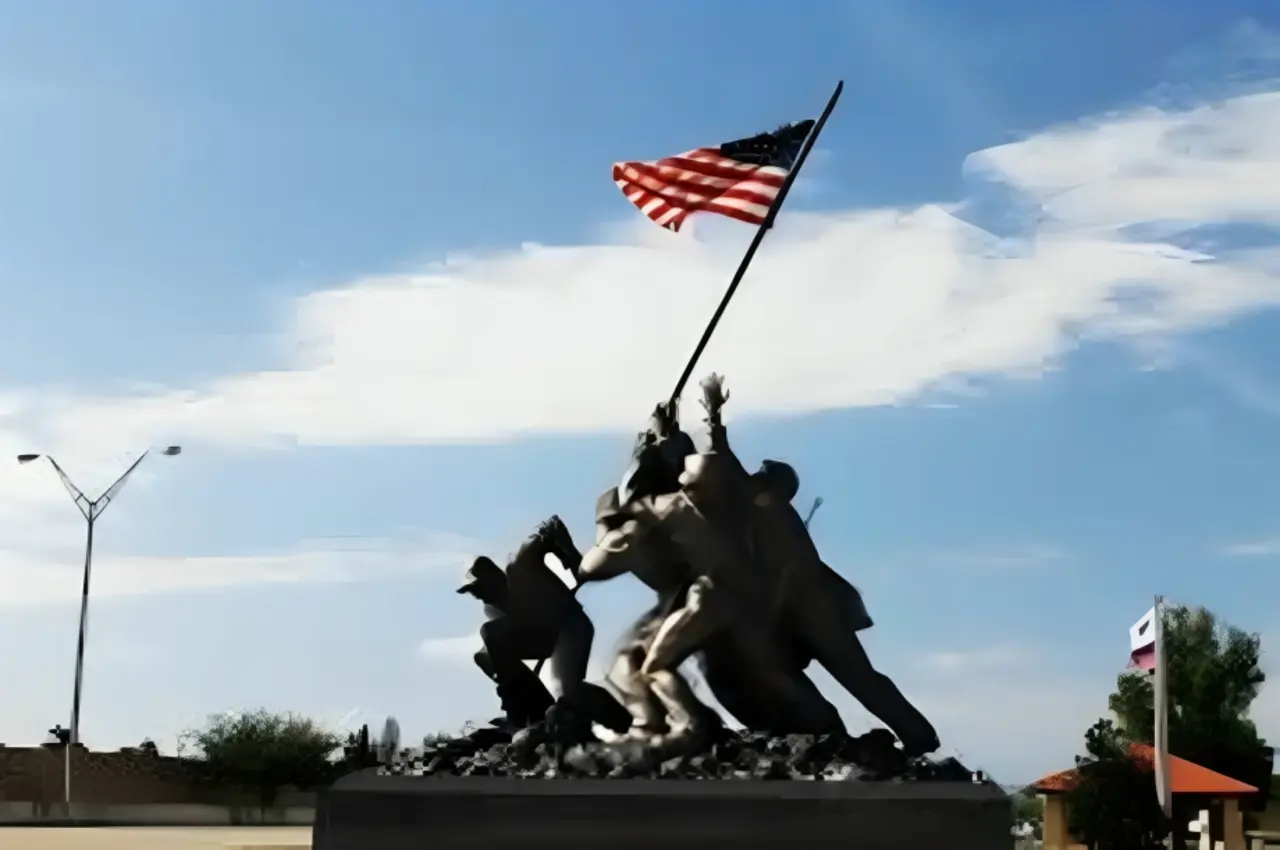 Sculptures with the American flag.