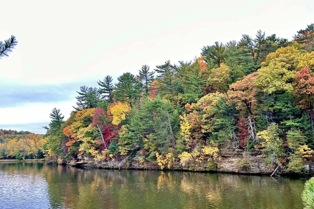 A stunning view of a river and a cliff covered with trees.