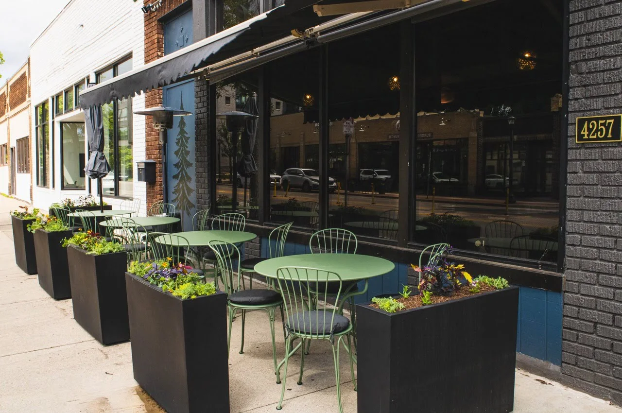 Patio area of a restaurant.
