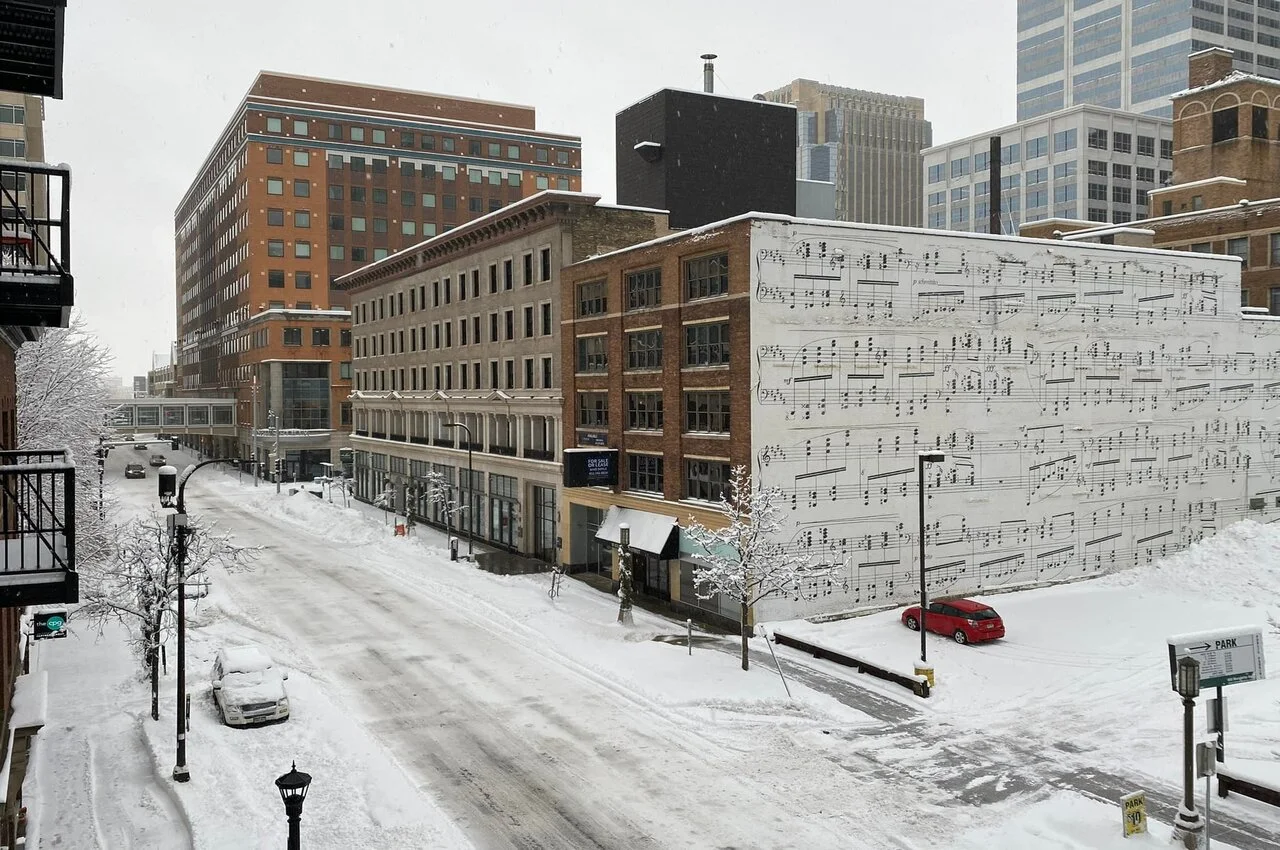 Mural of musical instruments.