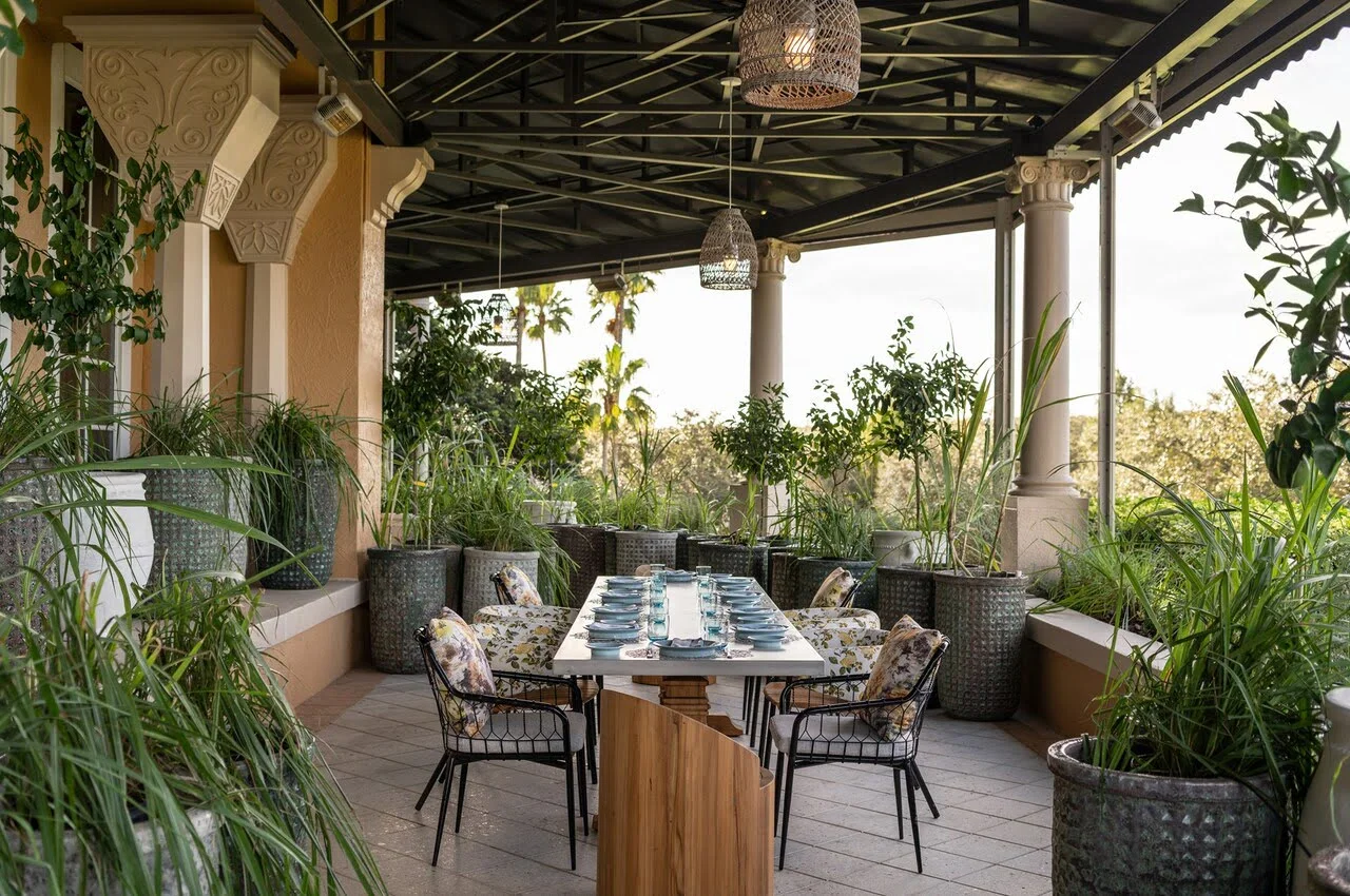 A dining area with different plants in the surrounding