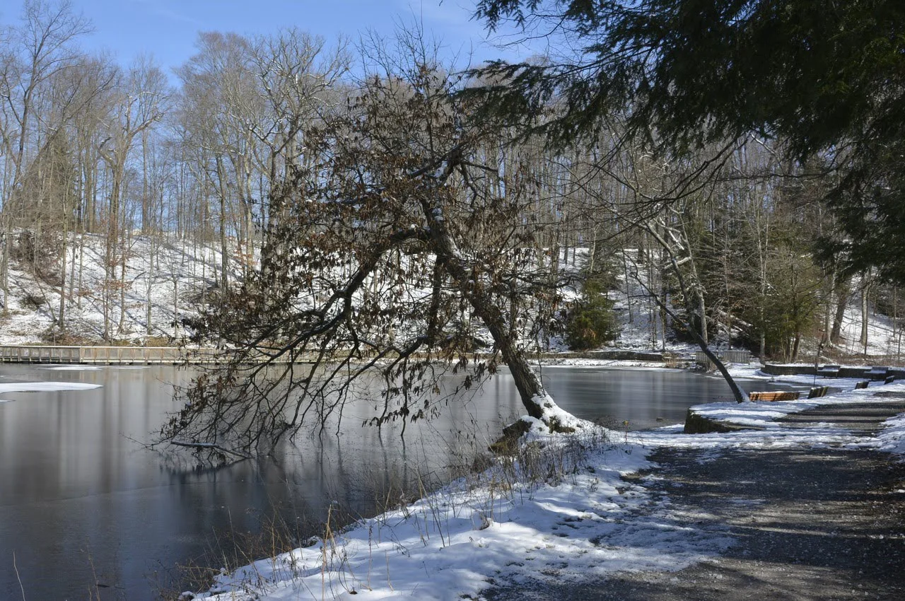 Lake with land covered with snow.
