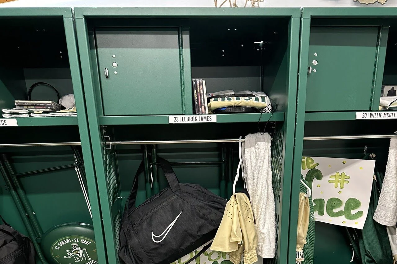 A locker room with jerseys.