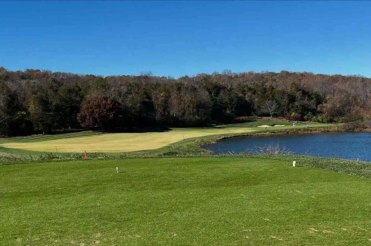 a golf course with pond and trees on the other side