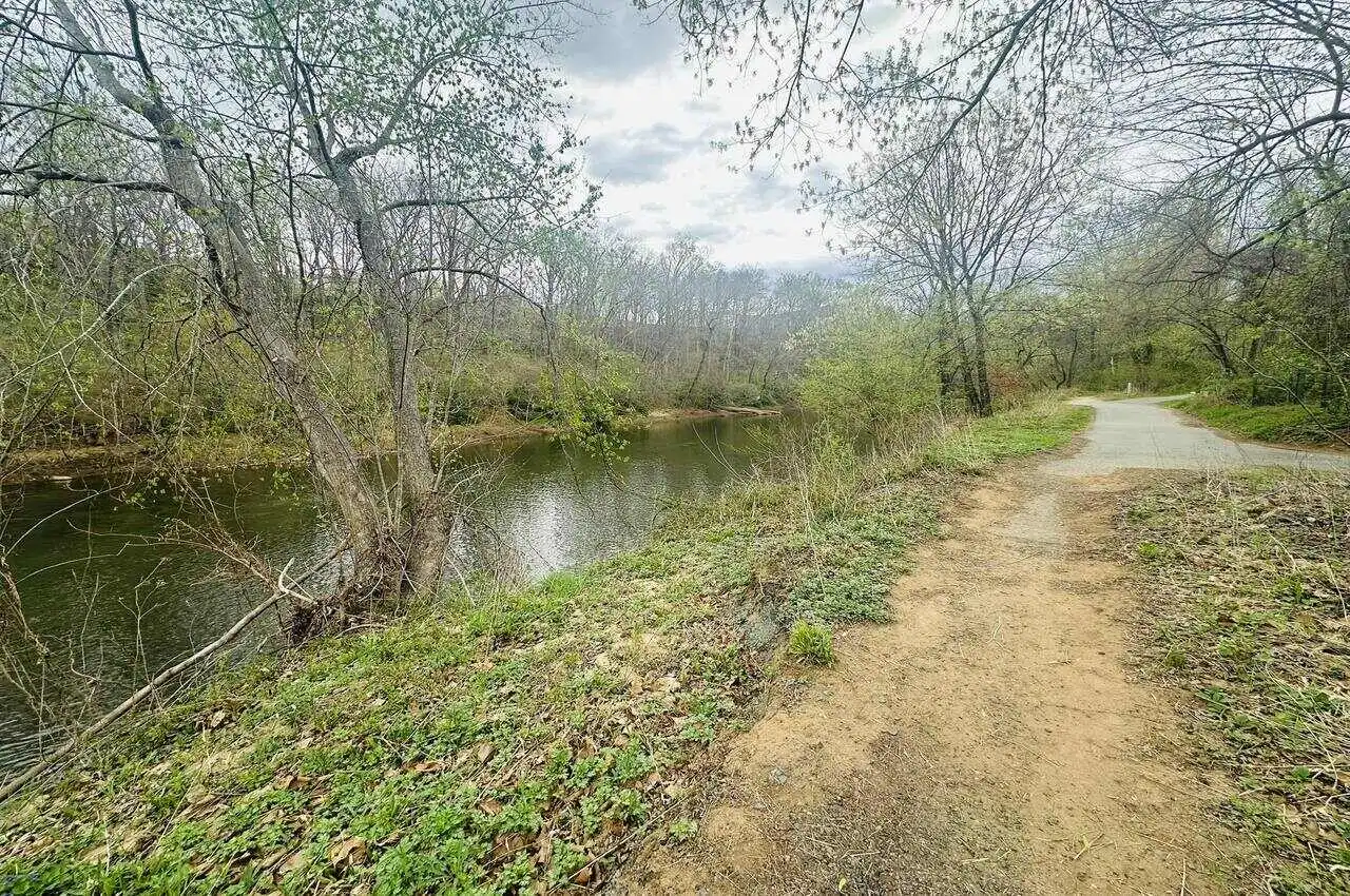 a flowing river with trees and road in the surrounding