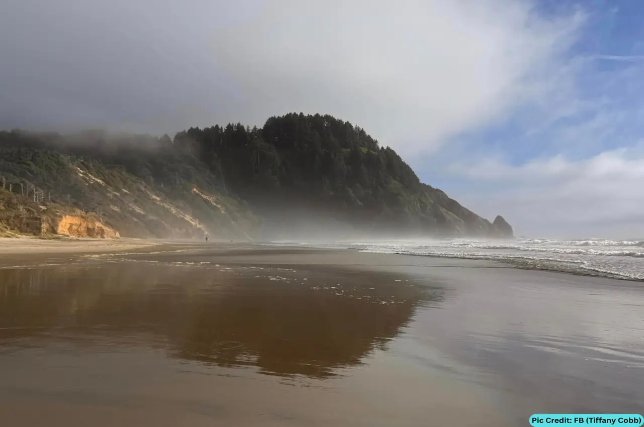 Beach with a mountain on the shore.
