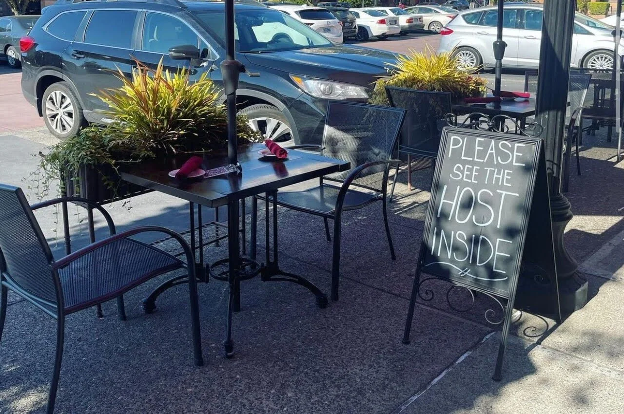 Patio area of a restaurant.
