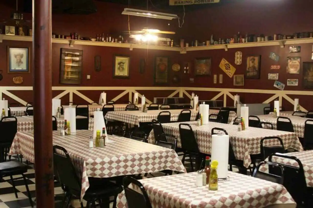A restaurant's seating area.
