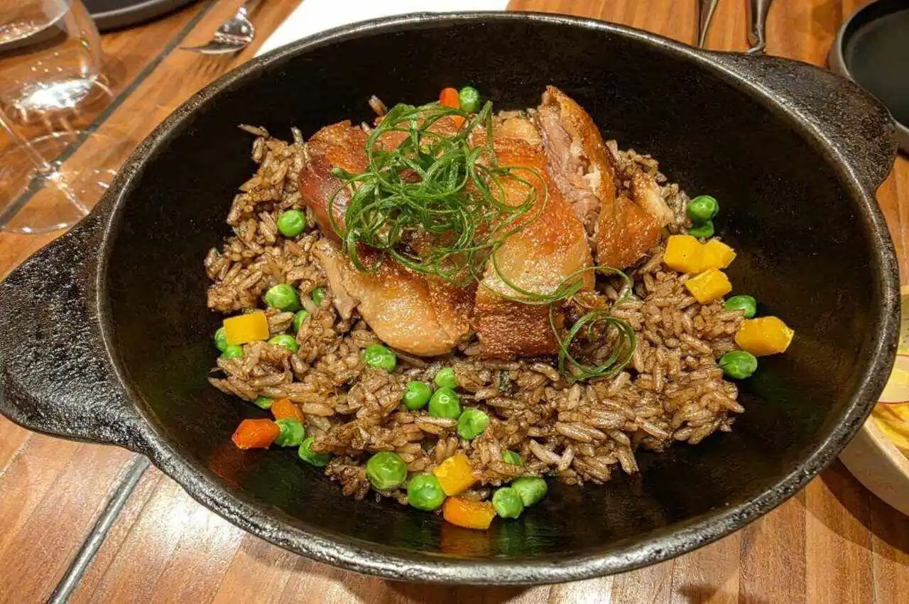Chicken and rice in a bowl.